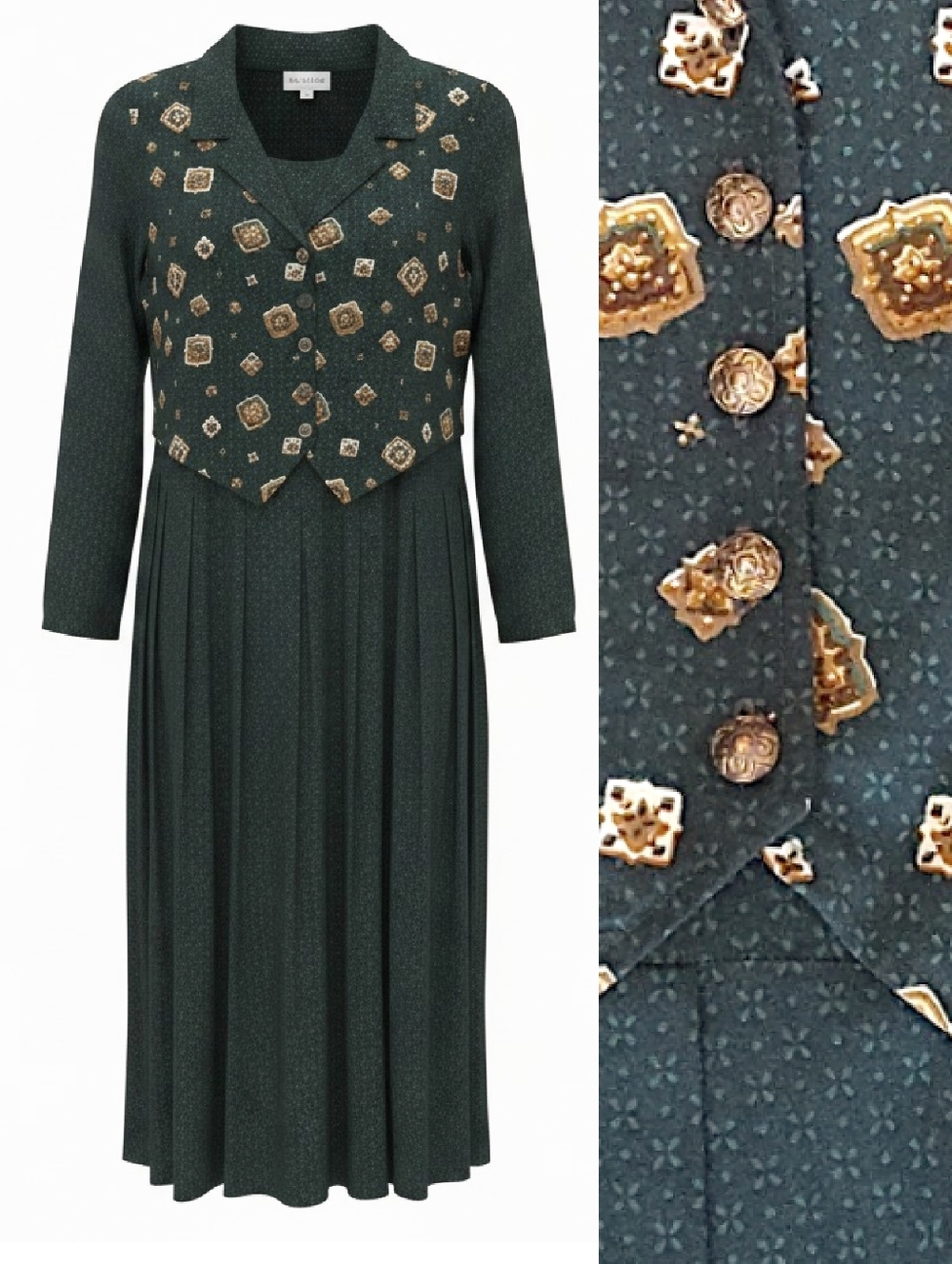 VTG 90s Green Gold Printed Long Sleeve Pleated‎ Vest Maxi Dress SZ 14